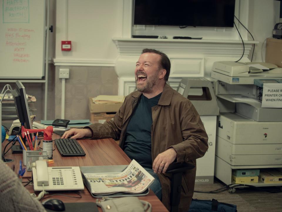 Ricky Gervais in a scene in an office in "After Life"