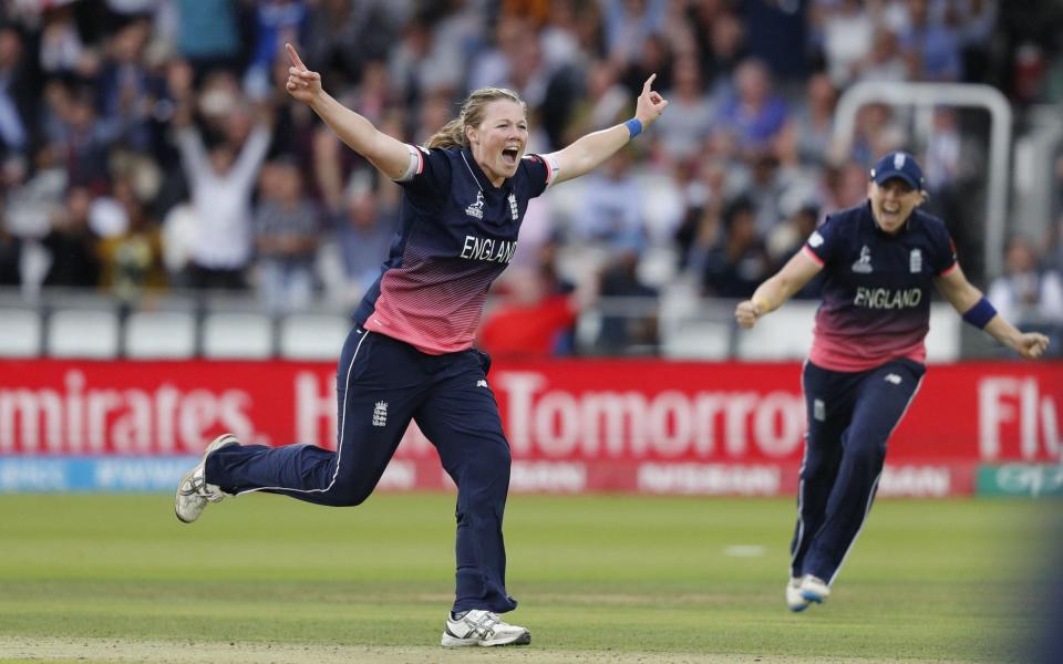 England's Anya Shrubsole celebrates taking the wicket of India's Jhulan Goswami - Credit: AFP/Getty