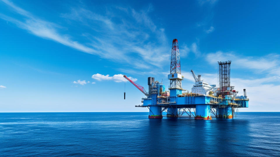 An offshore drilling rig in the Gulf of Mexico surrounded by a sea of blue.