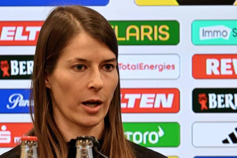 Union Berlin assistant coach Marie-Louise Eta speaks at a press conference before the German Bundesliga soccer match against Darmstadt 98. Matthias Koch/dpa