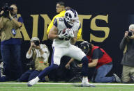 Los Angeles Rams' Tyler Higbee catches a touchdown pass during the second half of the NFL football NFC championship game against the New Orleans Saints, Sunday, Jan. 20, 2019, in New Orleans. (AP Photo/David J. Phillip)