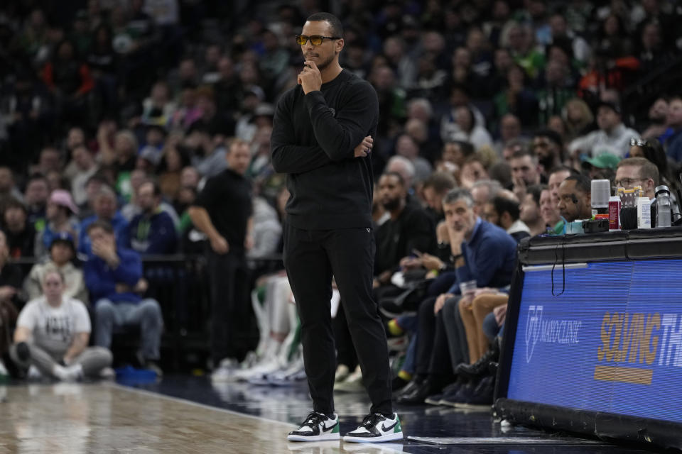 Boston Celtics head coach Joe Mazzulla watches the second half of an NBA basketball game against the Minnesota Timberwolves, Monday, Nov. 6, 2023, in Minneapolis. (AP Photo/Abbie Parr)