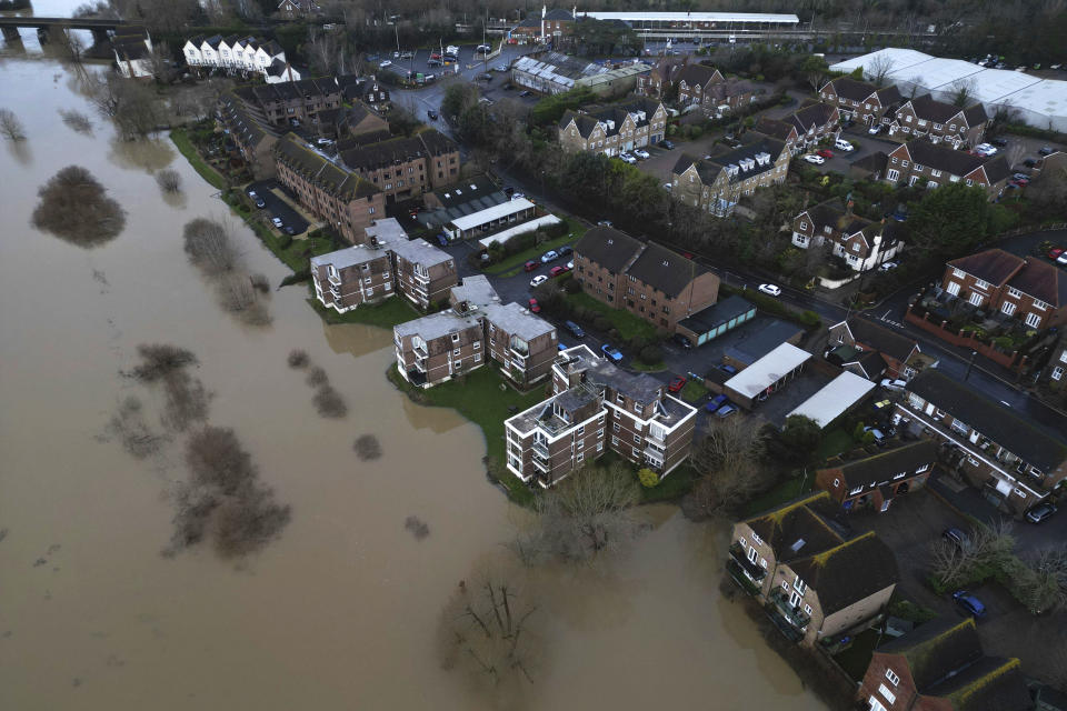 An areal view of flooding in Pulborough, West Sussex, England, Friday, Jan. 5, 2024. (Jamie Lashmar/PA via AP)