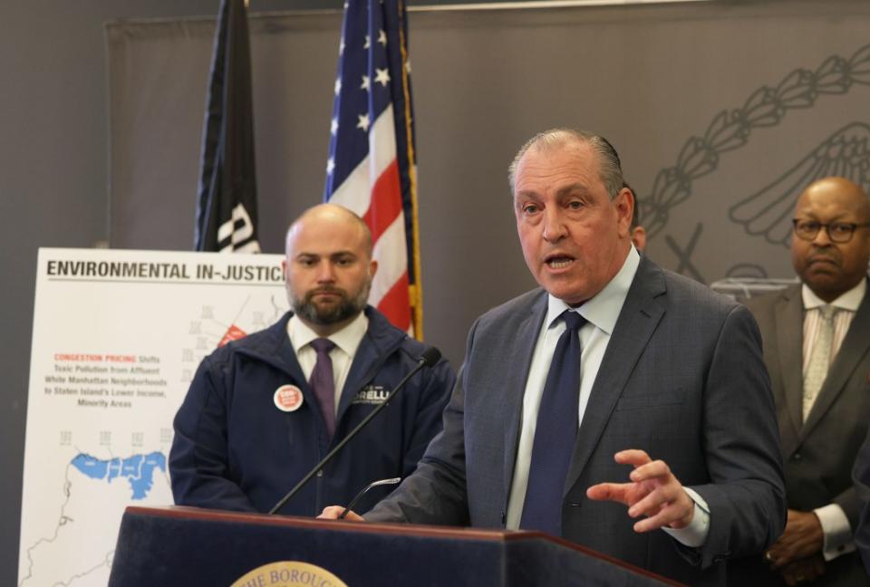 At a press conference Friday, Staten Island Borough President Vito Fossella decried the MTA’s impending congestion pricing plan with other local leaders. Brigitte Stelzer