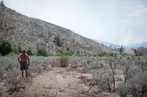 A man watches as a helicopter drops water on flames from the Nk’Mip Creek fire, burning on Osoyoos Indian Band territory near Oliver, B.C., on Friday. As wildfires continue to burn across the province, officials ordered the evacuations of more than 5,000 properties. (Maggie MacPherson/CBC - image credit)