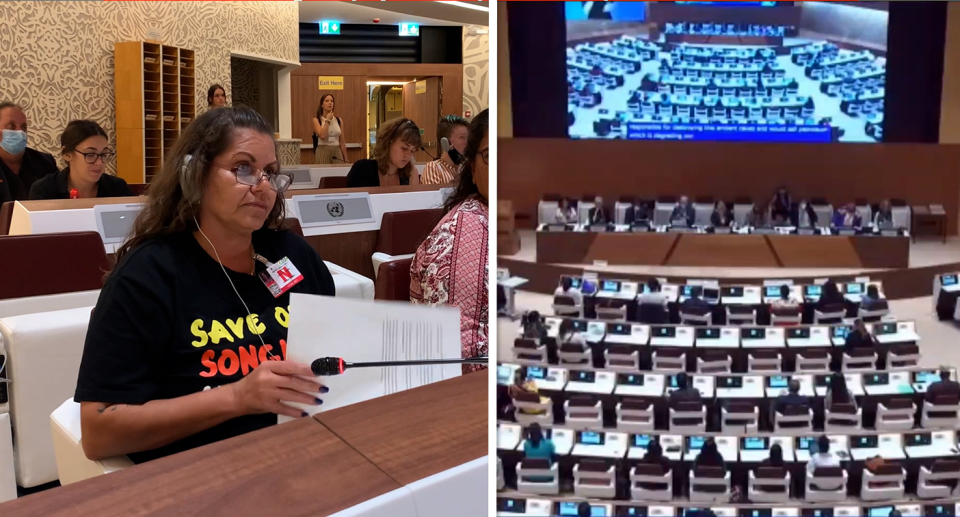 Raylene Cooper addressed the United Nations in Geneva. Source: Save Our Songlines / United Nations