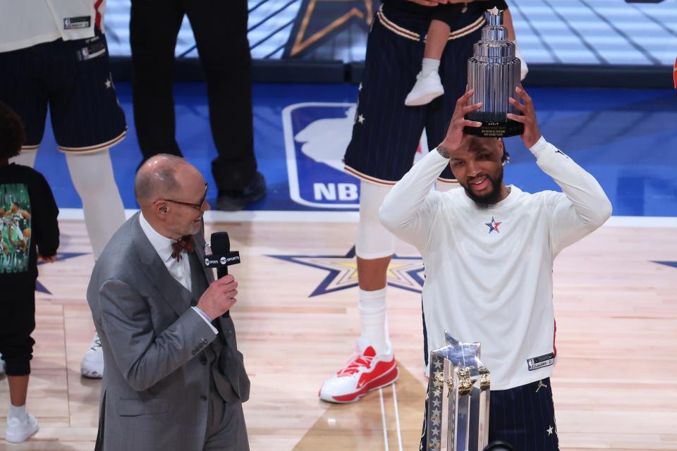 NBA All-Star Game MVP Damian Lillard of the Milwaukee Bucks celebrates following his team’s victory against the Western Conference.