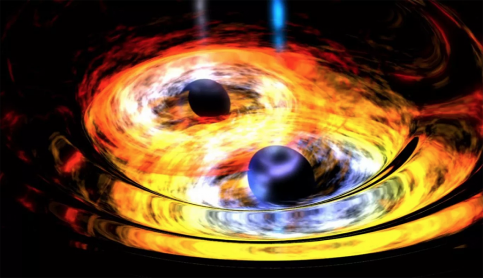 <span>En la ilustración se muestra la fusión entre dos agujeros negros. Los científicos podrían haber encontrado una explicación sobre el origen de los enormes agujeros negros con un tamaño 40 veces mayor que el del Sol. (Imagen: NASA)</span>