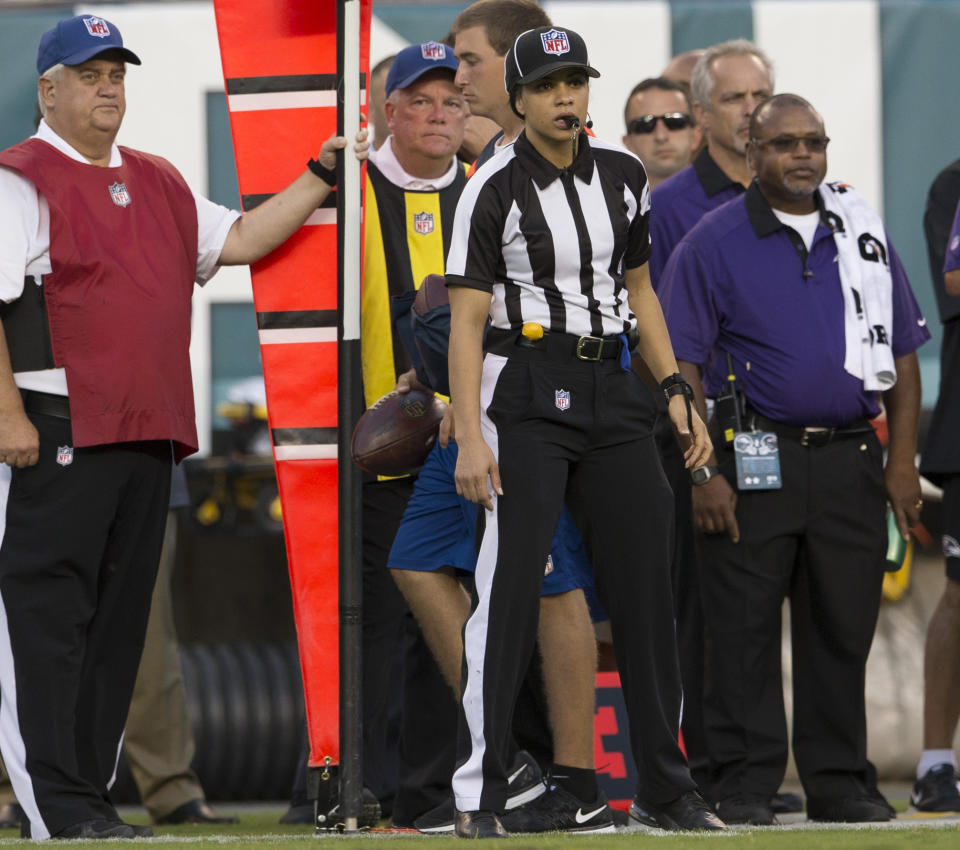 Each XFL officiating crew will have one woman, including Maia Chaka, center. (Mitchell Leff/Getty Images) 