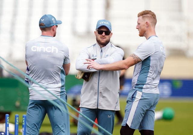 England head coach Brendon McCullum and captain Ben Stokes chat