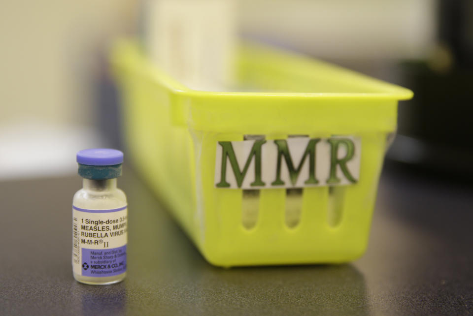 FILE - This Feb. 6, 2015, file photo, shows a measles, mumps and rubella vaccine on a countertop at a pediatrics clinic in Greenbrae, Calif. A measles outbreak near Portland has sickened dozens of people in Oregon and Washington, with several more cases suspected, and public health officials scrambling to contain the virus say low vaccination rates are making the situation worse. Clark County Public Health said Sunday, Jan. 28, 2019, that the majority of the cases involve children younger than 10. (AP Photo/Eric Risberg, File)