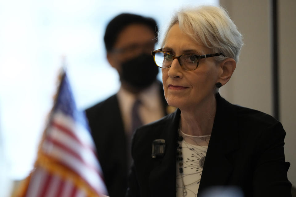 U.S. Deputy Secretary of State Wendy Sherman, sits before the meeting with Japanese Vice Minister for Foreign Affairs Takeo Mori, unseen, in Seoul, South Korea, Wednesday, June 8, 2022. U.S. Deputy Secretary of State Wendy Sherman met with her counterparts from South Korea and Japan on Wednesday, emphasizing the U.S. commitment to defend its allies and trilateral security cooperation to confront an accelerating nuclear threat from North Korea. (AP Photo/Lee Jin-man)