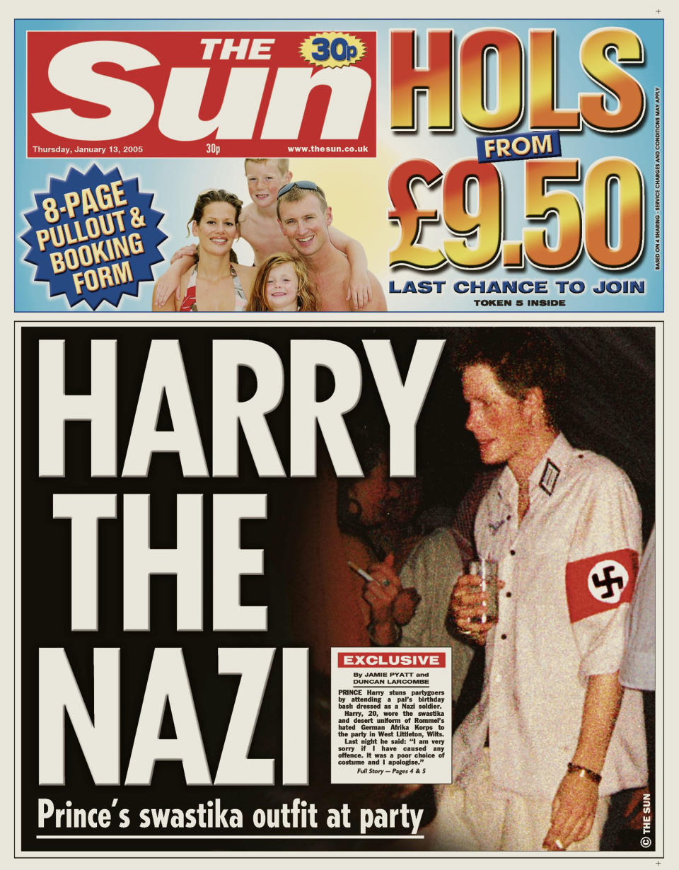 An electronic copy of the front page of The Sun newspaper on January 13, 2005 shows a photograph of Britain's Prince Harry wearing a red and black swastika armband and an army shirt with Nazi regalia at a friend's party at an unidentified location which he attended on January 8, 2005. Prince Harry apologised on Thursday after he wore a Nazi uniform to a fancy dress party two weeks before Queen Elizabeth is due to lead the country's holocaust memorial events. EDITORIAL USE ONLY. PICTURE MUST BE USED IN ITS ENTIRETY AND NOT CROPPED. REUTERS/HO  ASA