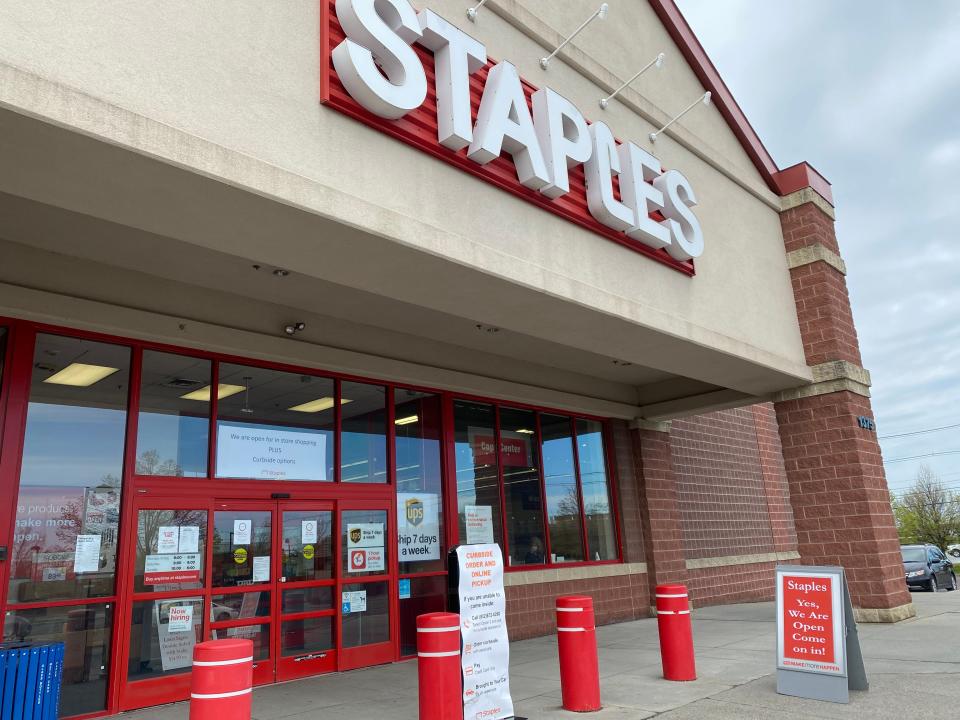 Staples in Williston wanted customers to know they were open for business on May 18, 2020.