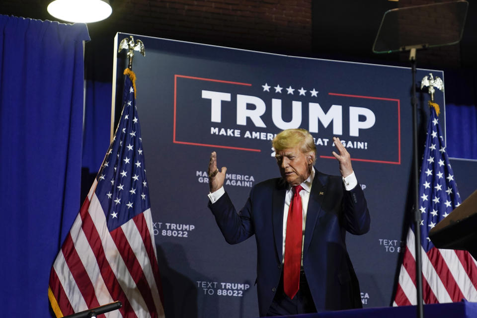 Former President Donald Trump arrives to speak at a campaign event Thursday, April 27, 2023, in Manchester, N.H. (AP Photo/Charles Krupa)