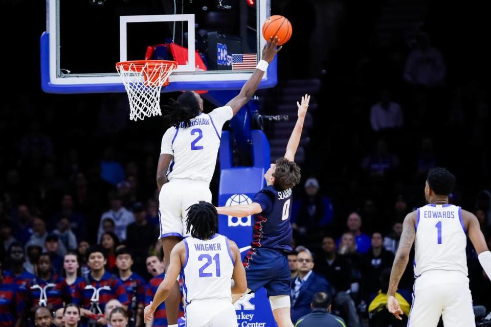 Kentucky freshman Aaron Bradshaw blocks a shot against Penn during the Wildcats’ 81-66 victory Saturday.