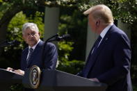 President Donald Trump listens as Mexican President Andres Manuel Lopez Obrador speaks during an event in the Rose Garden at the White House, Wednesday, July 8, 2020, in Washington. (AP Photo/Evan Vucci)