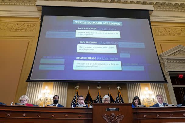 PHOTO: Text messages to White House chief of staff Mark Meadows from Laura Ingraham, Mick Mulvaney and Brian Kilmeade are displayed during the hearing of the House select committee investigating the Jan. 6 attack, July 21, 2022, in Washington, D.C. (Patrick Semansky/AP)