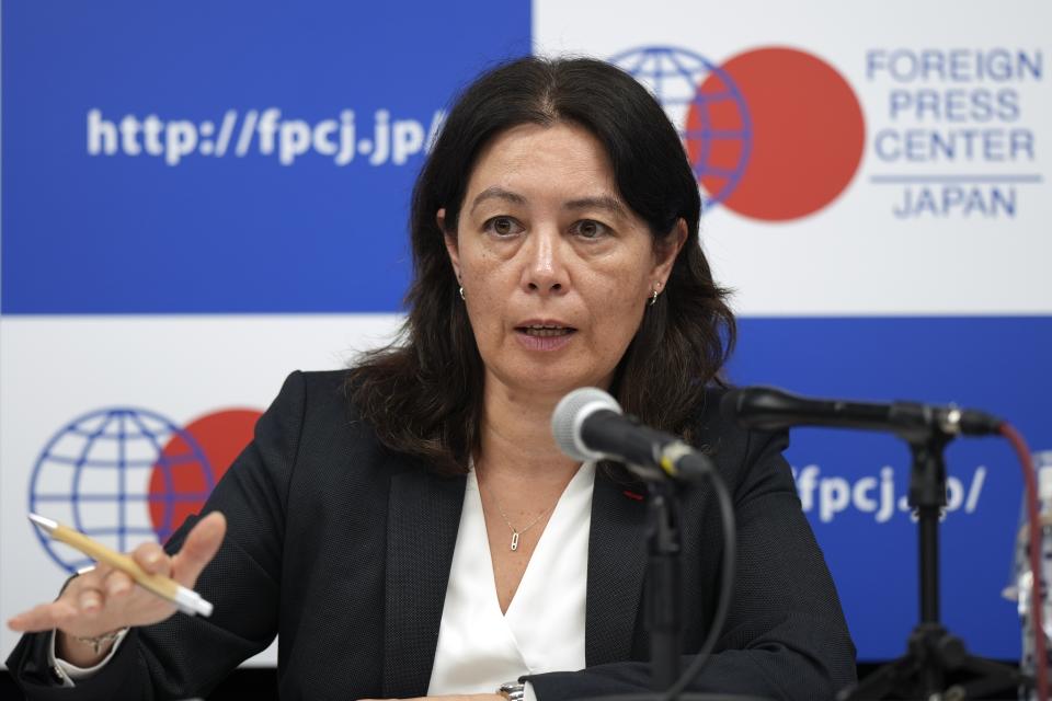 Lydie Evrard, the International Atomic Energy Agency (IAEA) Deputy Director General and head of the Department of Nuclear Safety answers a question during a press conference at the Foreign Press Center Japan Monday, Oct. 23, 2023, in Tokyo. (AP Photo/Eugene Hoshiko)