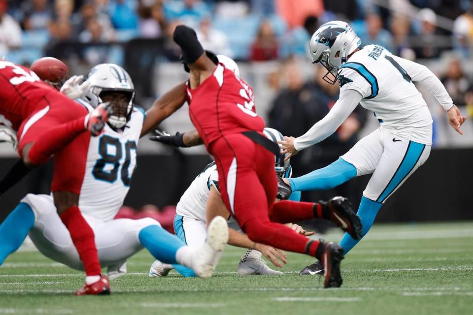 Carolina Panthers place kicker Eddy Pineiro (4) kicks a field goal over the Arizona Cardinals during a game at Bank of America Stadium in Charlotte, N.C., Sunday, Oct. 2, 2022.