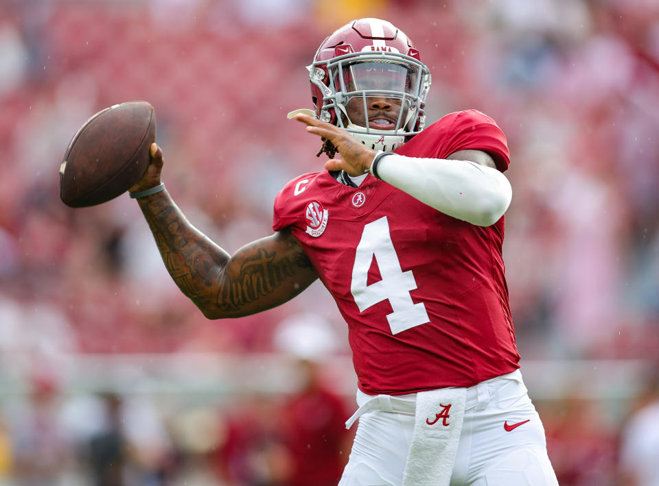 TUSCALOOSA, ALABAMA - AUGUST 31: Jalen Milroe #4 of the Alabama Crimson Tide warms up prior to kickoff against the Western Kentucky Hilltoppers at Bryant-Denny Stadium on August 31, 2024 in Tuscaloosa, Alabama. (Photo by Brandon Sumrall/Getty Images)