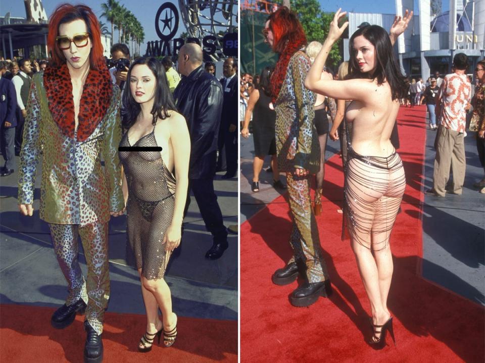 A front and back photo of Rose McGowan wearing a black, sheer dress at the VMAs.