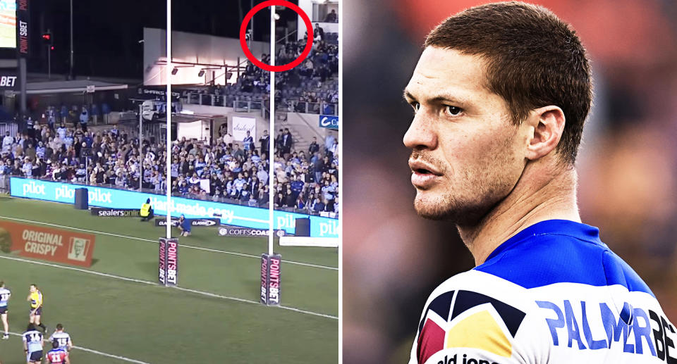 Replays showed Kalyn Ponga missed his field goal attempt anyway. Image: Channel 9/Getty