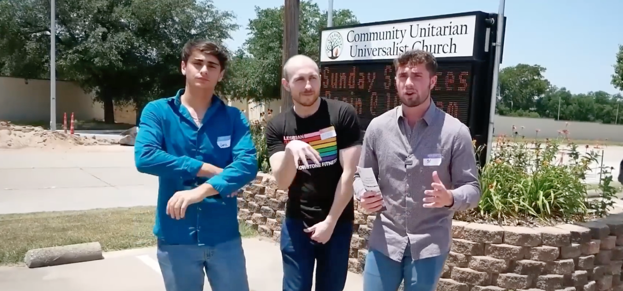 YouTubers Bo Alford, right, Cassady Campbell, center, and another man outside the Community Unitarian Universalist Church in Plano, Texas. (via YouTube)