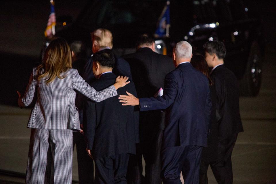 <p>President Donald Trump, First Lady Melania Trump, Vice President Mike Pence and Second Lady Karen Pence, along with Secretary of State Mike Pompeo, greet three American men released after being imprisoned in North Korea at Joint Base Andrews, Md., May 9, 2018. (Photo: Michael Candelori/REX/Shutterstock) </p>