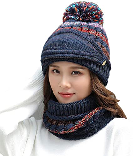 Fleece Lined Winter Hats for Women Knit Beanie Hat Scarf Mask Set Warm Soft Slouchy Skull Cap with Pom Pom… Navy