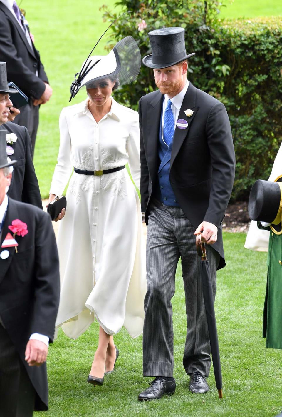 ASCOT, ENGLAND - JUNE 19:  (EMBARGOED FOR PUBLICATION IN UK NEWSPAPERS UNTIL 24 HOURS AFTER CREATE DATE AND TIME) Meghan, Duchess of Sussex and Prince Harry, Duke of Sussex attend Royal Ascot Day 1 at Ascot Racecourse on June 19, 2018 in Ascot, United Kingdom.  (Photo by Karwai Tang/WireImage)