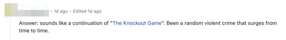 User HorseStupid comments on a potential resurgence of "The Knockout Game," a random violent crime trend