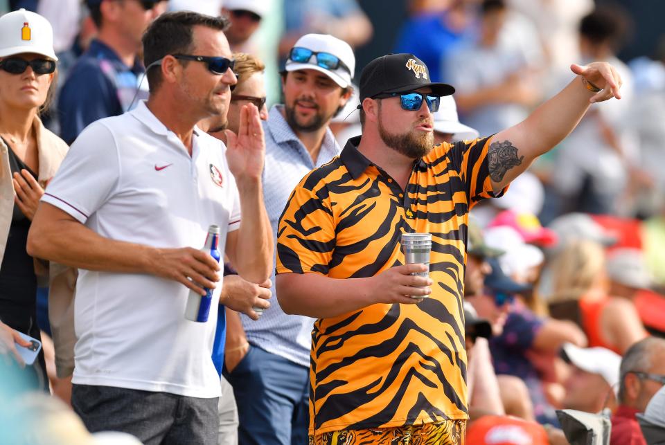 Players Championship fans watch professionals walk from the 16th green to the 17th tee of the Players Stadium Course at TPC Sawgrass.