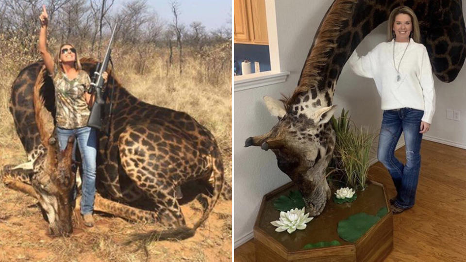 Tess Thompson Talley with the dead giraffe, holding a gun and pointing at the sky (left) and in her home with the giraffe's head and neck displayed (right)