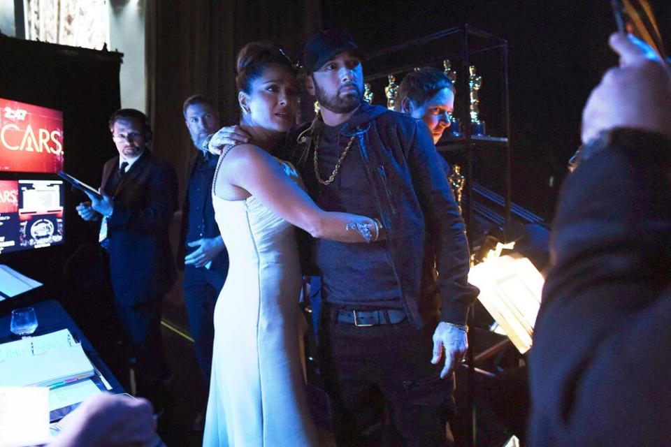 Salma Hayek and Eminem meeting backstage at the 2020 Oscars | Matt Petit - Handout/A.M.P.A.S. via Getty