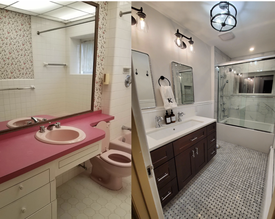 Two side-by-side bathroom interiors before and after renovation