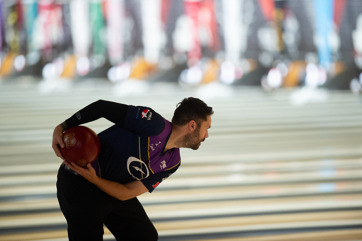 Jason Belmonte, returning champion, in Round 2 of Match Play for PBA Tournament of Champions in Fairlawn, Ohio on Thursday, April 25.