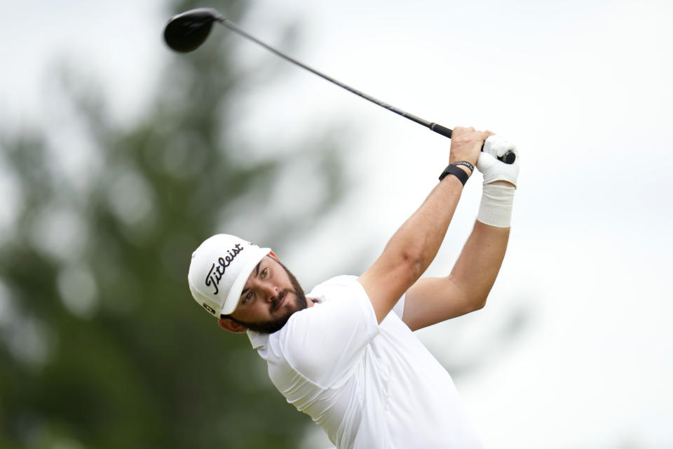 Hayden Buckley hits on the eighth hole during the second round of the U.S. Open golf tournament at The Country Club, Friday, June 17, 2022, in Brookline, Mass. (AP Photo/Julio Cortez)