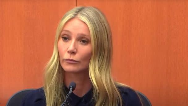 PHOTO: Gwyneth Paltrow takes the stand during her ski crash trial on March 24, 2023. (Court TV)