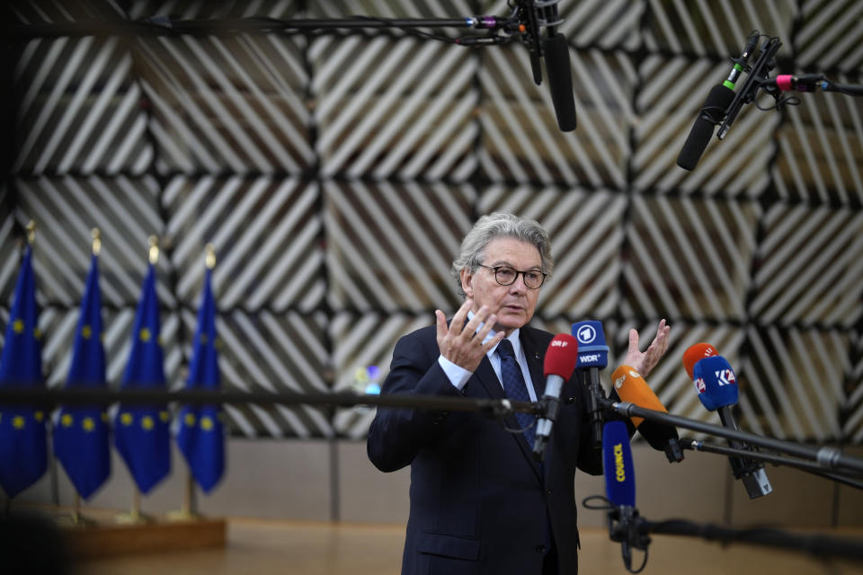 European Commissioner for Internal Market Thierry Breton speaks with the media as he arrives for a meeting of EU foreign and defense ministers at the European Council building in Brussels, Tuesday, Nov. 14, 2023. European Union nations on Tuesday acknowledged that they are well on their way to failing Ukraine when it comes to providing their promised part of ammunition that Kyiv so dearly needs to stave off the Russian invasion and win back its territory. (AP Photo/Virginia Mayo)