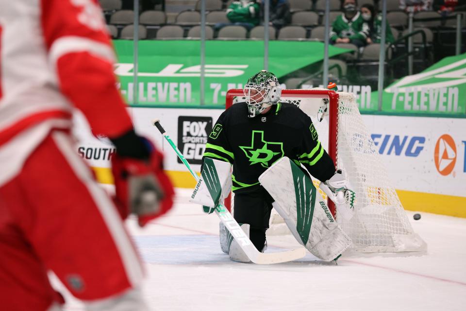 Jake Oettinger of the Dallas Stars in goal against the Detroit Red Wings in the first period at American Airlines Center on Jan. 28, 2021 in Dallas, Texas.