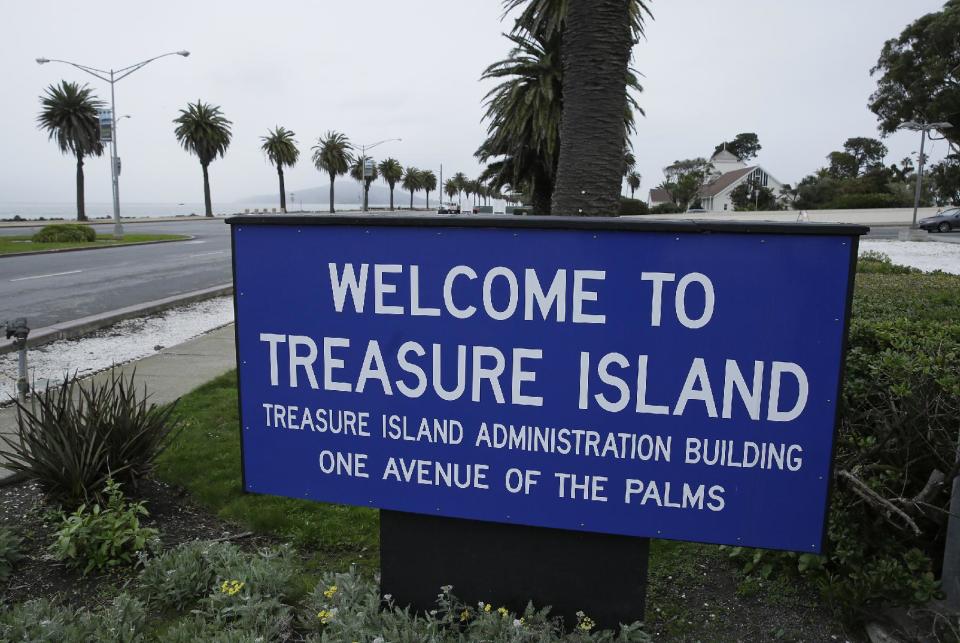 In this Dec. 14, 2016, photo, a sign welcomes visitors to Treasure Island in San Francisco. For nearly a decade, George Lucas has been trying to build a museum for his extensive personal art collection. San Francisco has offered Lucas the site of Treasure Island, across the Bay from the city's popular Embarcadero neighborhood. (AP Photo/Eric Risberg)