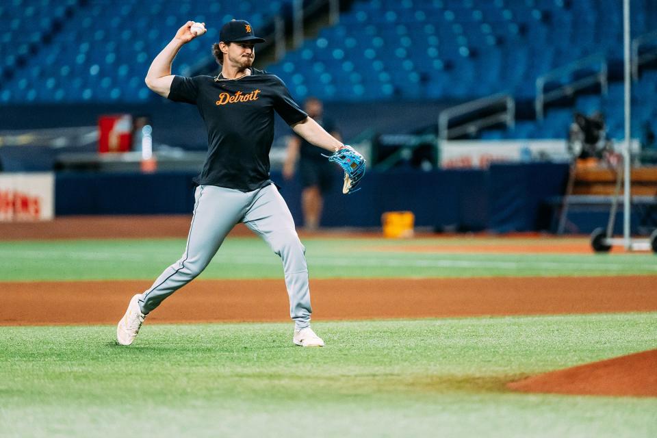 Zach McKinstry at a workout at Tropicana Field in St Petersburg, Florida on March 29, 2023.
