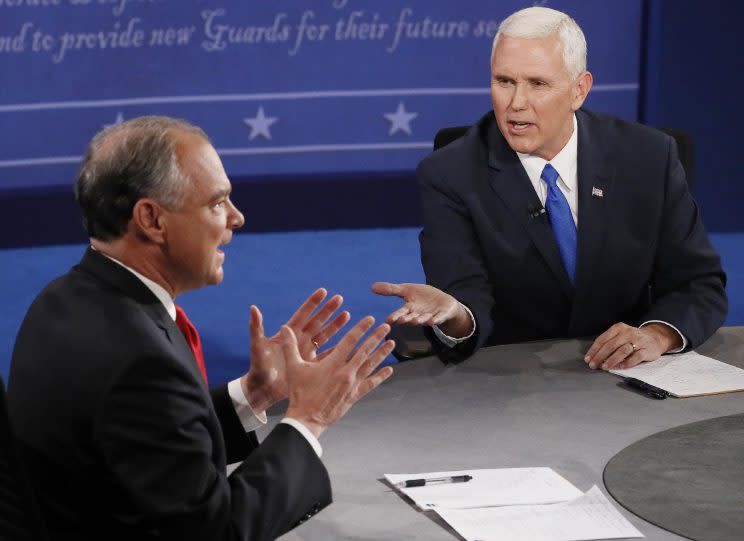 Mike Pence and Tim Kaine during the vice presidential debate. (Photo: Andrew Gombert/Pool via AP)