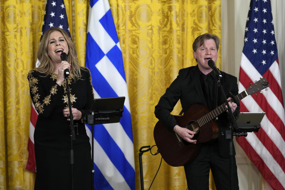 Rita Wilson performs at a reception in the East Room of the White House in Washington, Wednesday, March 29, 2023, celebrating Greek Independence Day. (AP Photo/Susan Walsh)