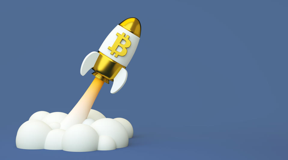 Bitcoin to the moon, bullish cryptocurrency BTC. Bitcoin crypto currency golden logo in a rocket with copy space background in 3D rendering. Blockchain technology concept.