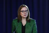 FILE - In this July 16, 2019, file photo General Motors Chairman and Chief Executive Officer Mary Barra speaks during the opening of their contract talks with the United Auto Workers in Detroit. On Tuesday, Oct. 15, Barra joined negotiators at the bargaining table, an indication that a deal may be near to end a monthlong strike by members of the United Auto Workers union that has paralyzed its factories. (AP Photo/Paul Sancya, File)