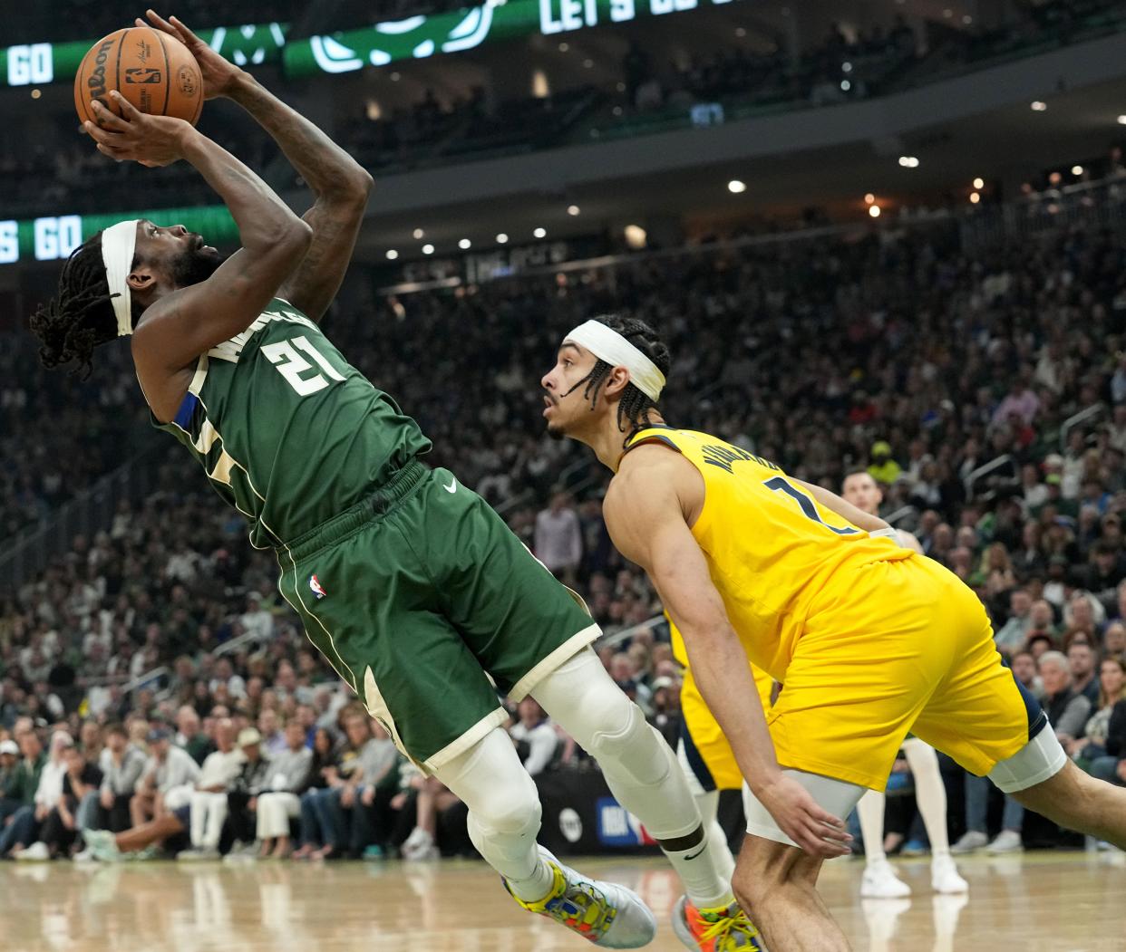 Bucks guard Patrick Beverley puts up an off-balanced shot after being fouled by Pacers guard Andrew Nembhard during the first half of Game 5 on Tuesday night at Fiserv Forum.



Mark Hoffman/Milwaukee Journal Sentinel