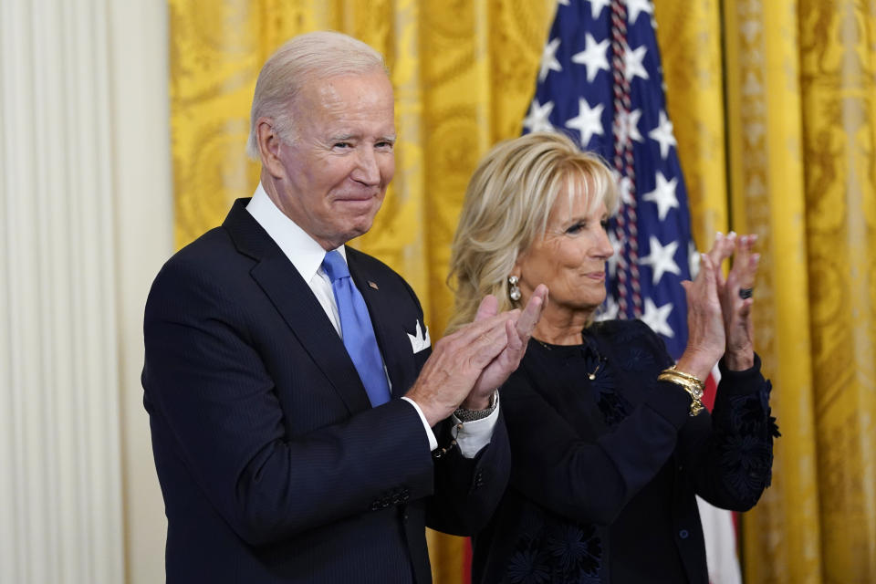 President Joe Biden and first lady Jill Biden applaud during a reception to celebrate the Jewish new year in the East Room of the White House in Washington, Friday, Sept. 30, 2022. (AP Photo/Susan Walsh)