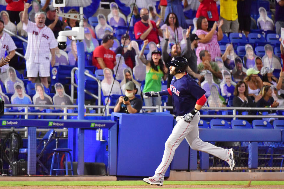 DUNEDIN, FLORIDA - MAY 20: J.D. Martinez #28 of the Boston Red Sox rounds the bases after hitting a two run home run off of Rafael Dolis #41 of the Toronto Blue Jays in the ninth inning at TD Ballpark on May 20, 2021 in Dunedin, Florida. (Photo by Julio Aguilar/Getty Images)